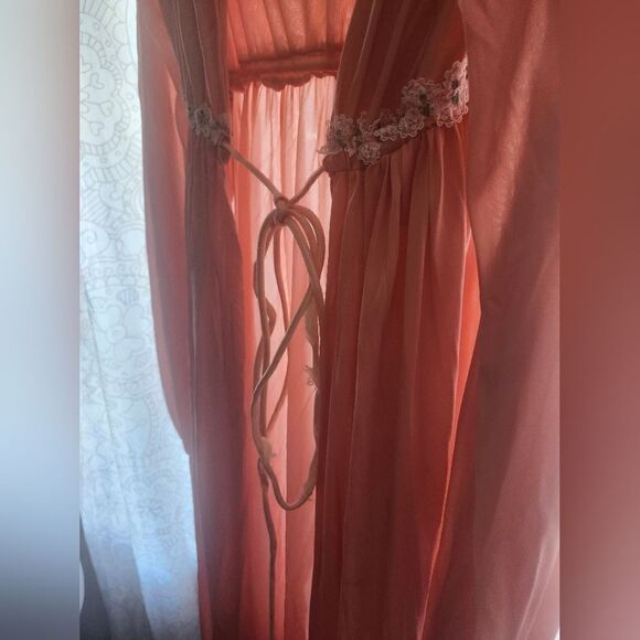 Vintage 50s Pink Satin Robe Puff Sleeve Maxi Waistband Cottagecore Fairy Vday - Picture 5 of 17